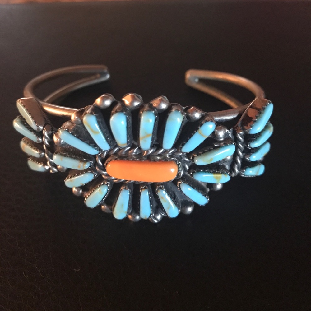 Navajo Petit Point Turquoise Coral Cuff